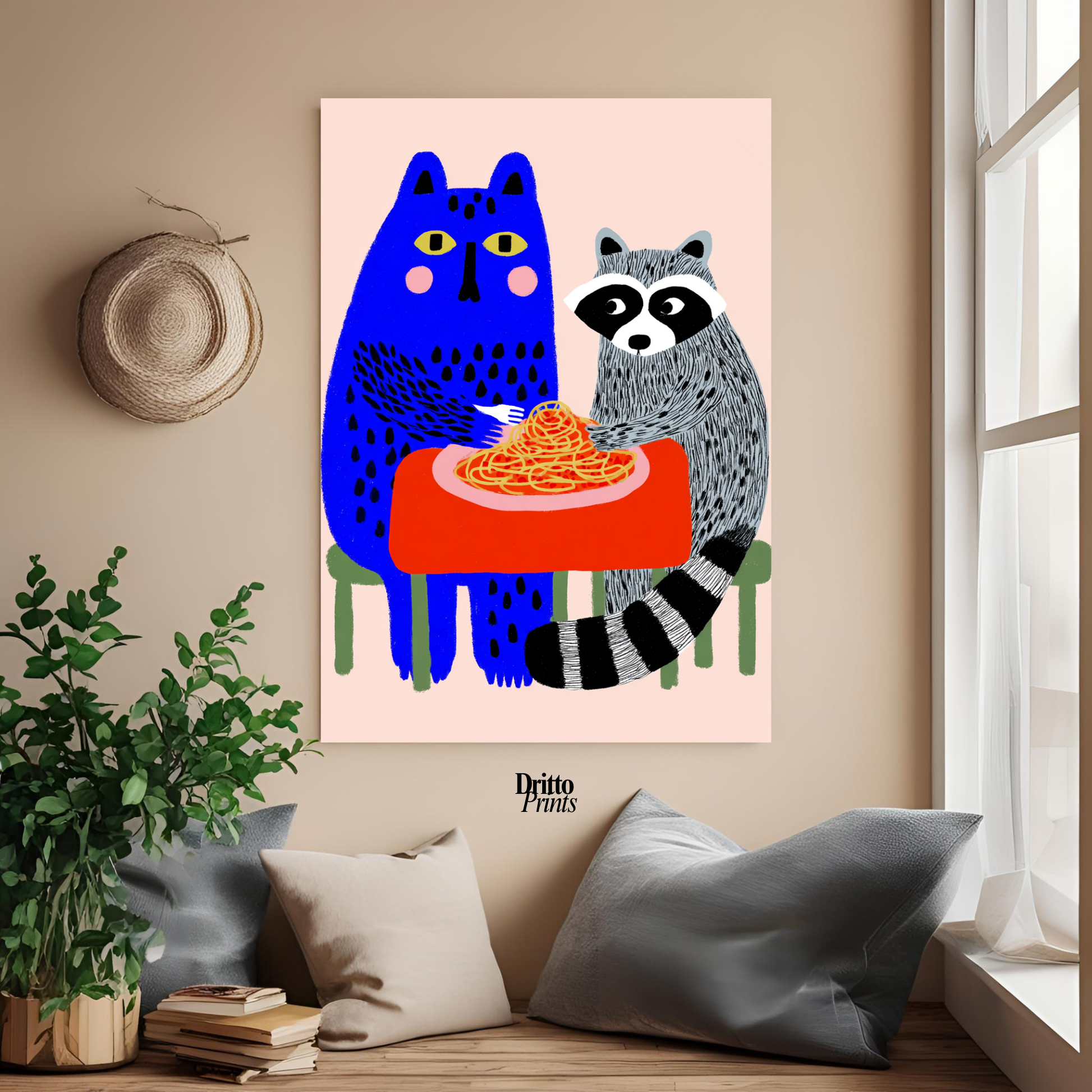 (PD44) Cat & Raccoon Dining Spaghetti - Poster
