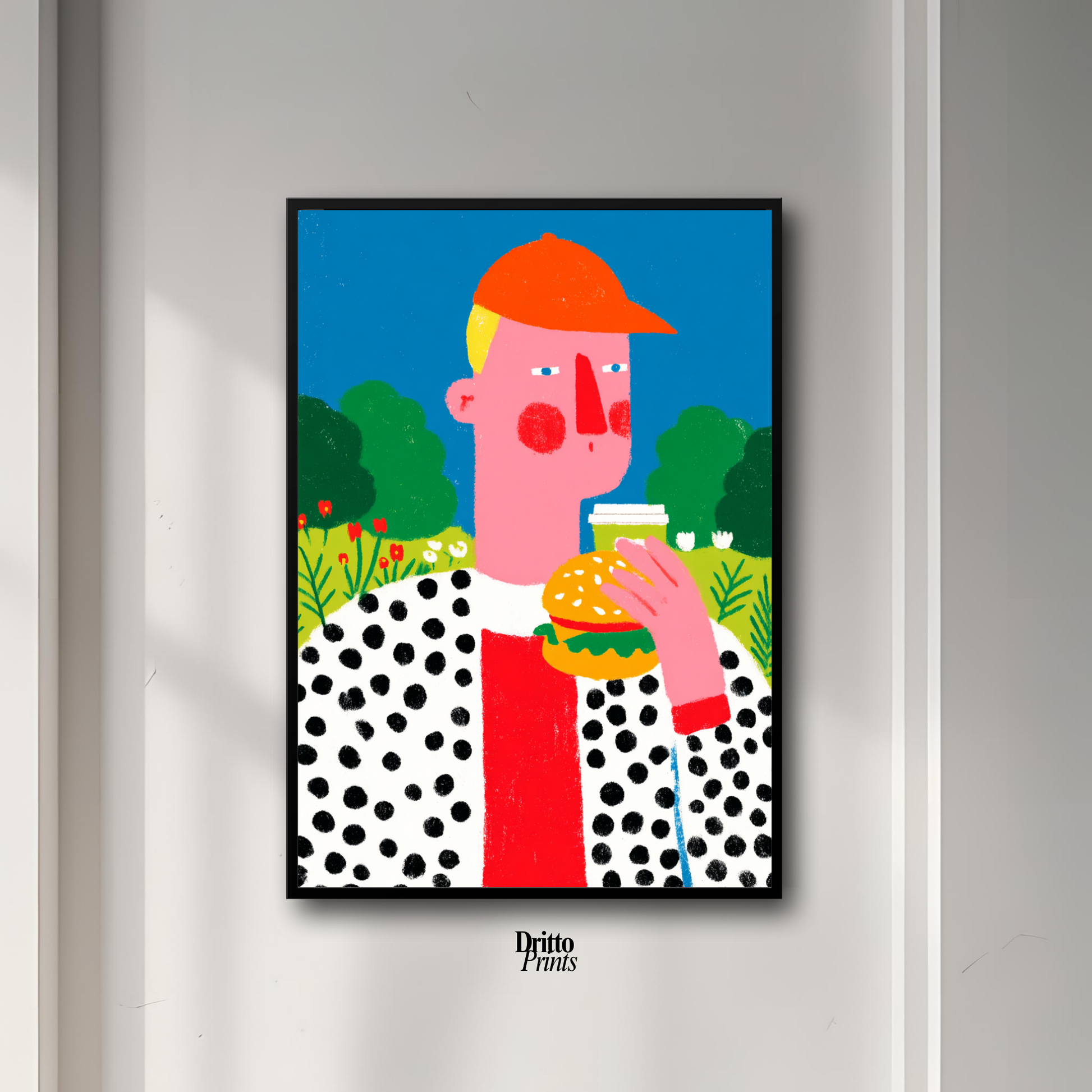 (FD45) Man Eating Burger in the Field –Framed matte paper poster