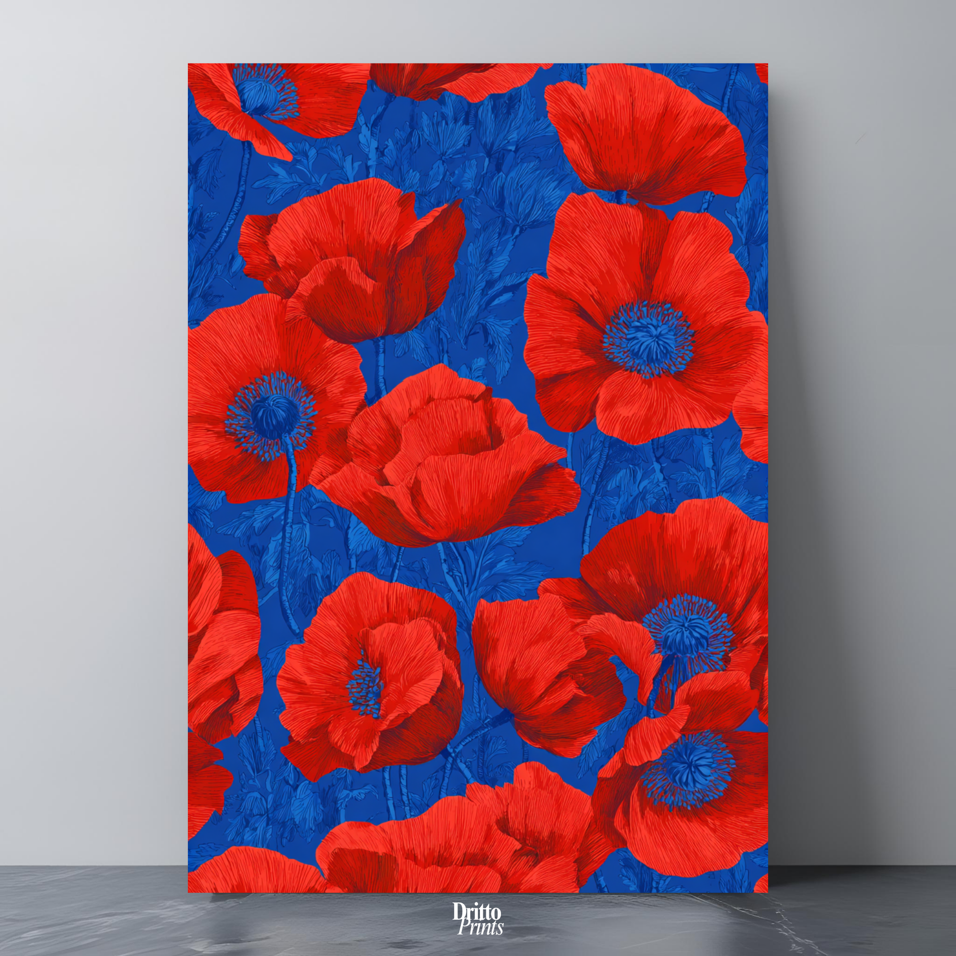 (CD9) Deco Bloom – Red Poppies on Blue Canvas