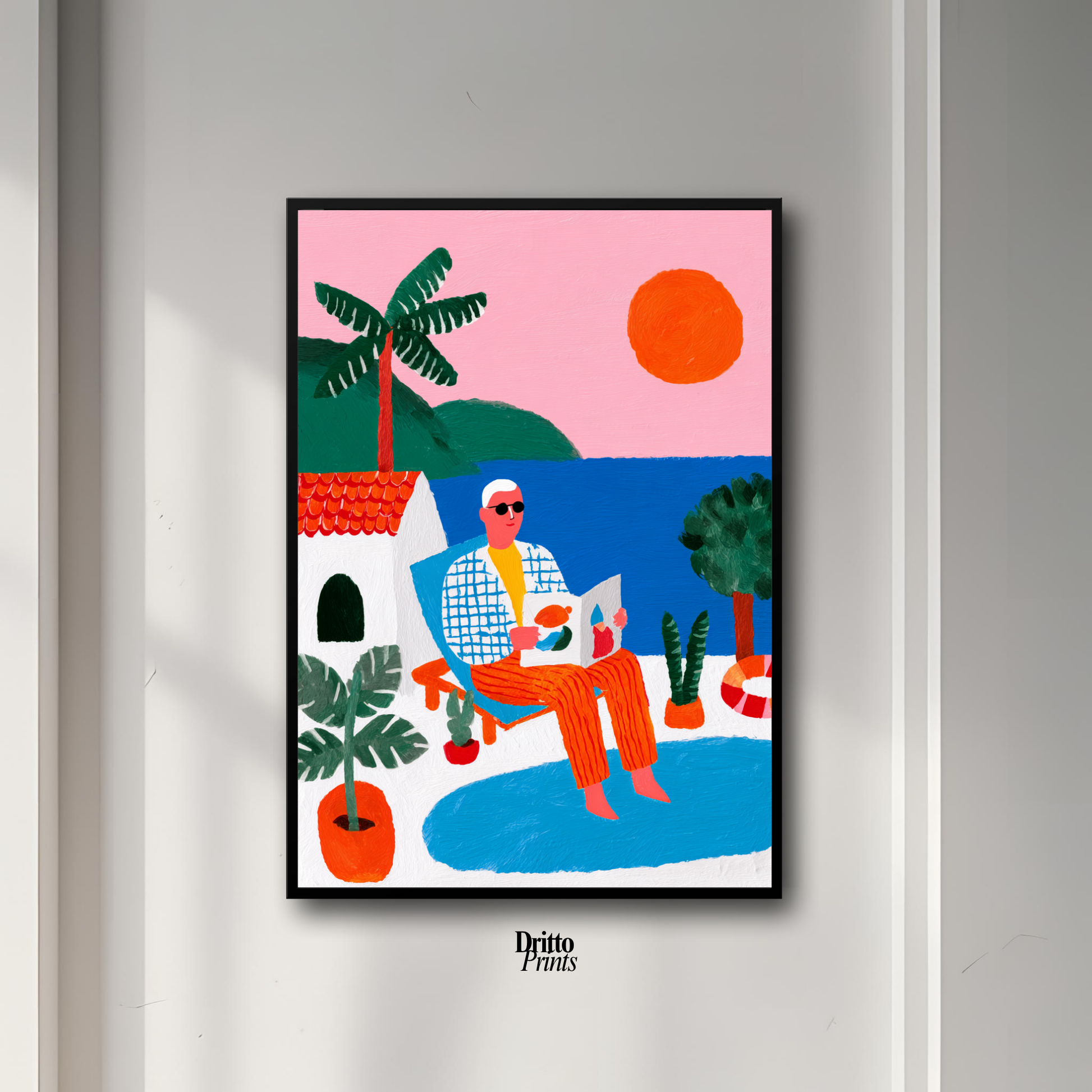 (FD37) Morning Glow by the Pool – 1980s Villa Scene Framed matte paper poster