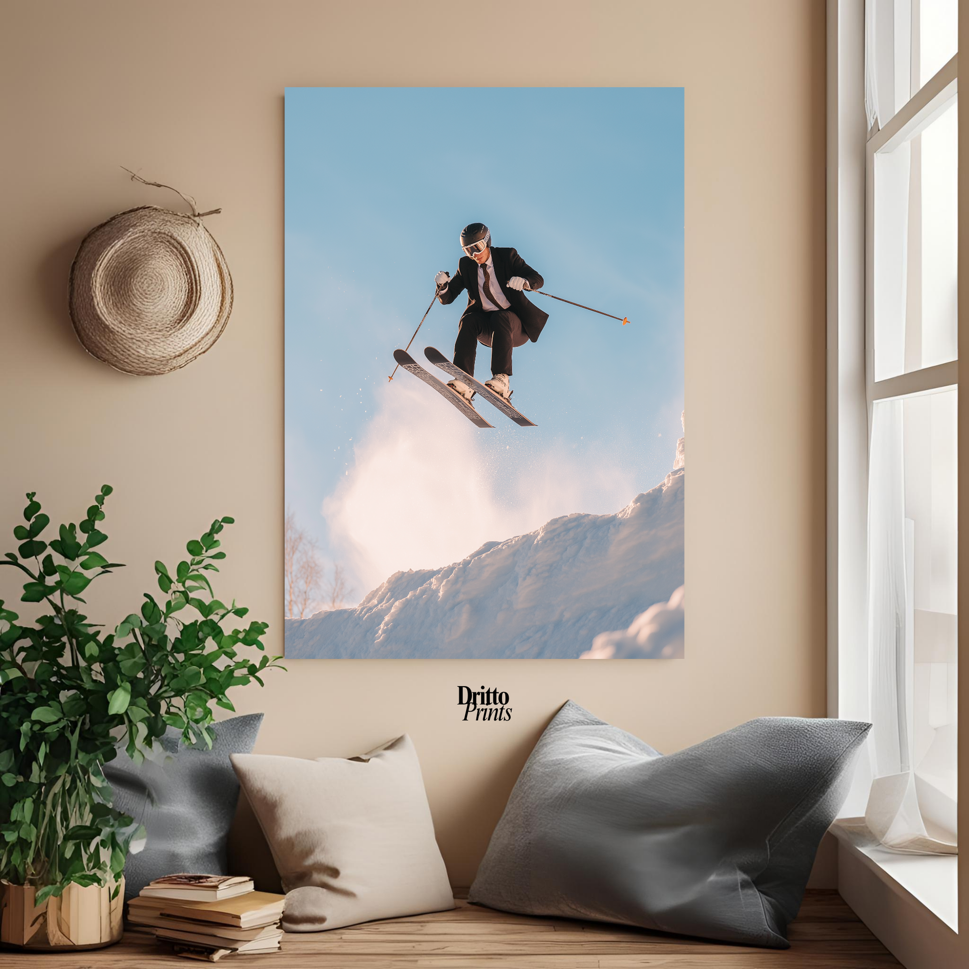(PD27) Executive Takeoff – Skier in Suit Mid-Jump Poster