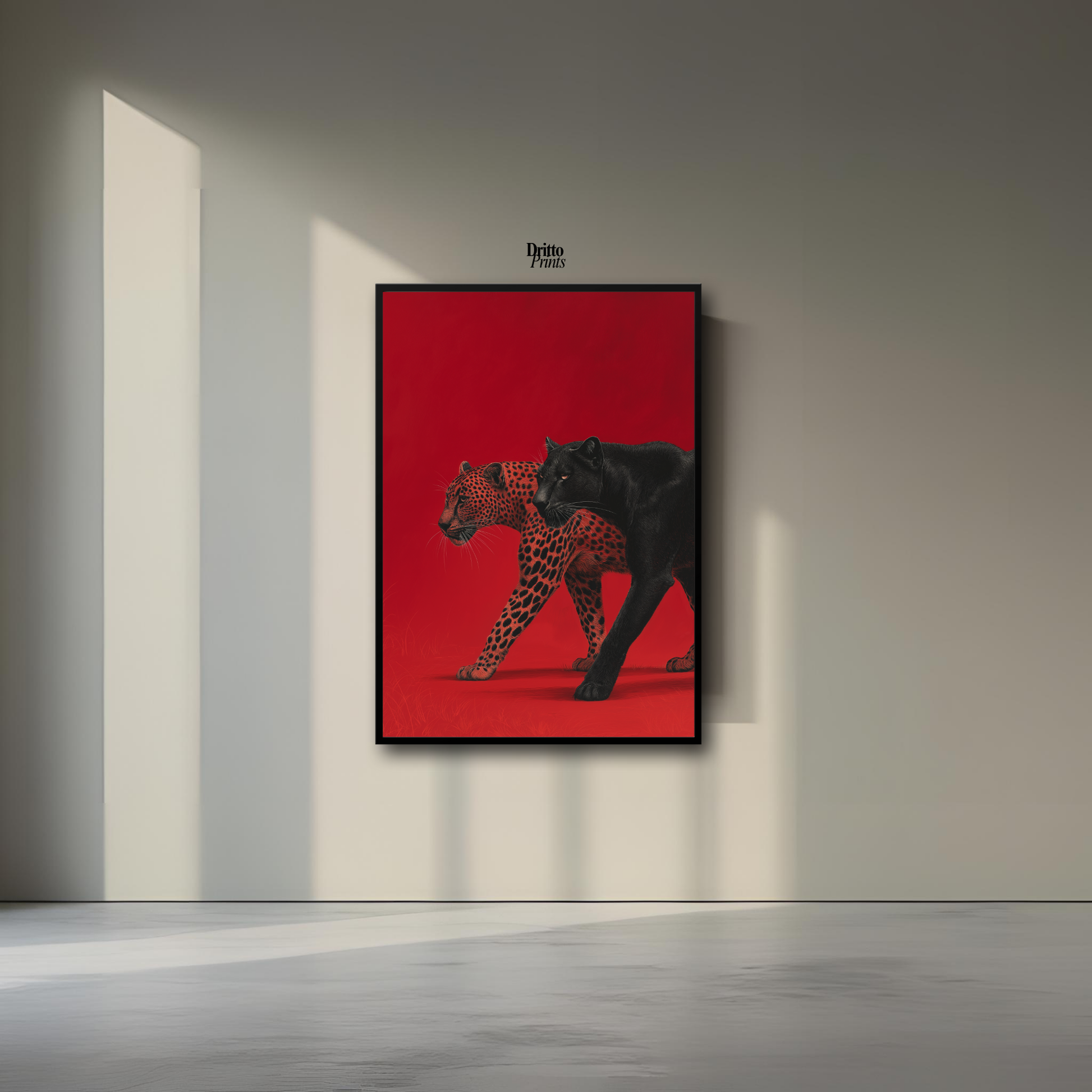 (FD32) Wild Pair – Black Panther & Cheetah Silhouette on Red Framed matte paper poster
