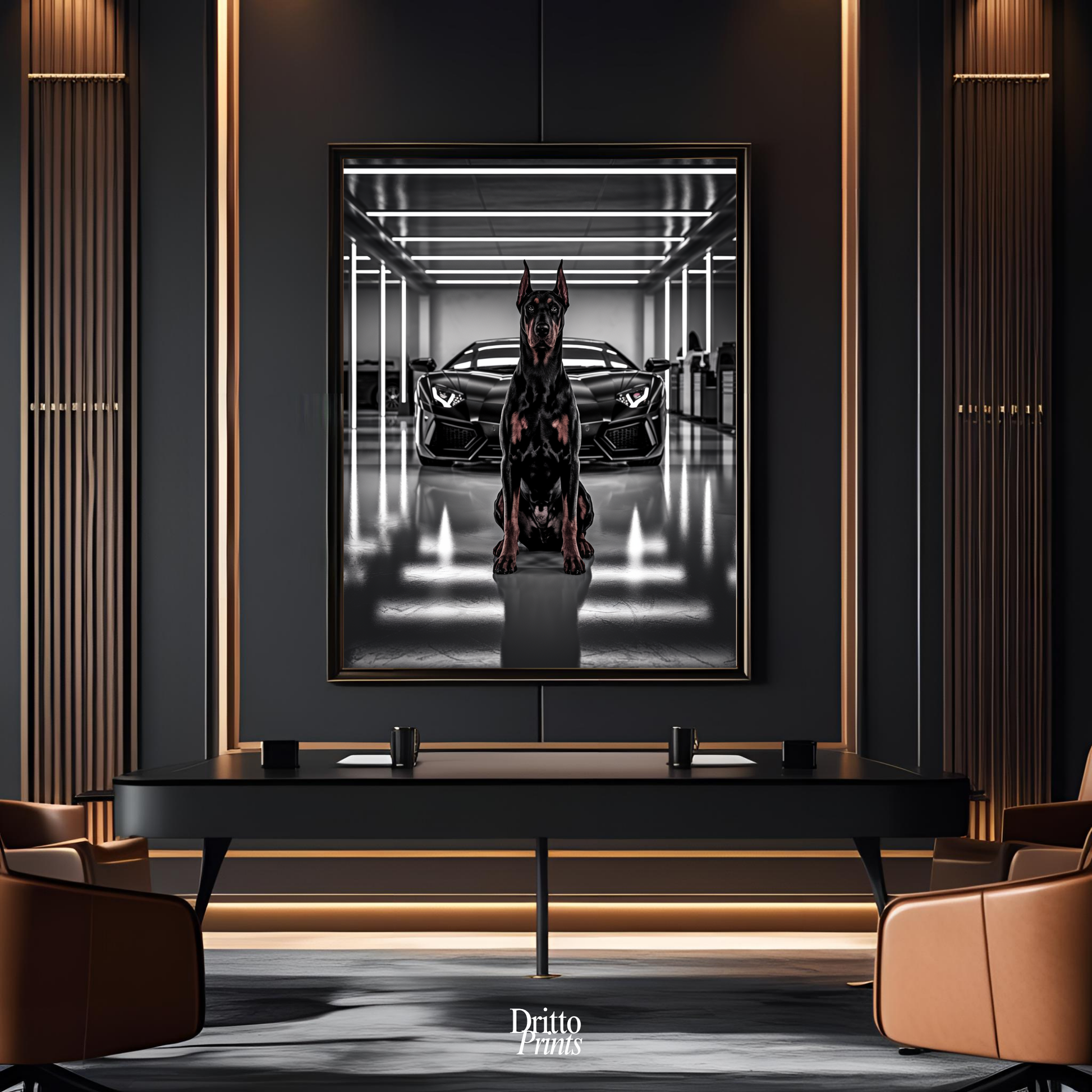 (FD6) The Garage King – Doberman and Aventador - Framed matte paper poster