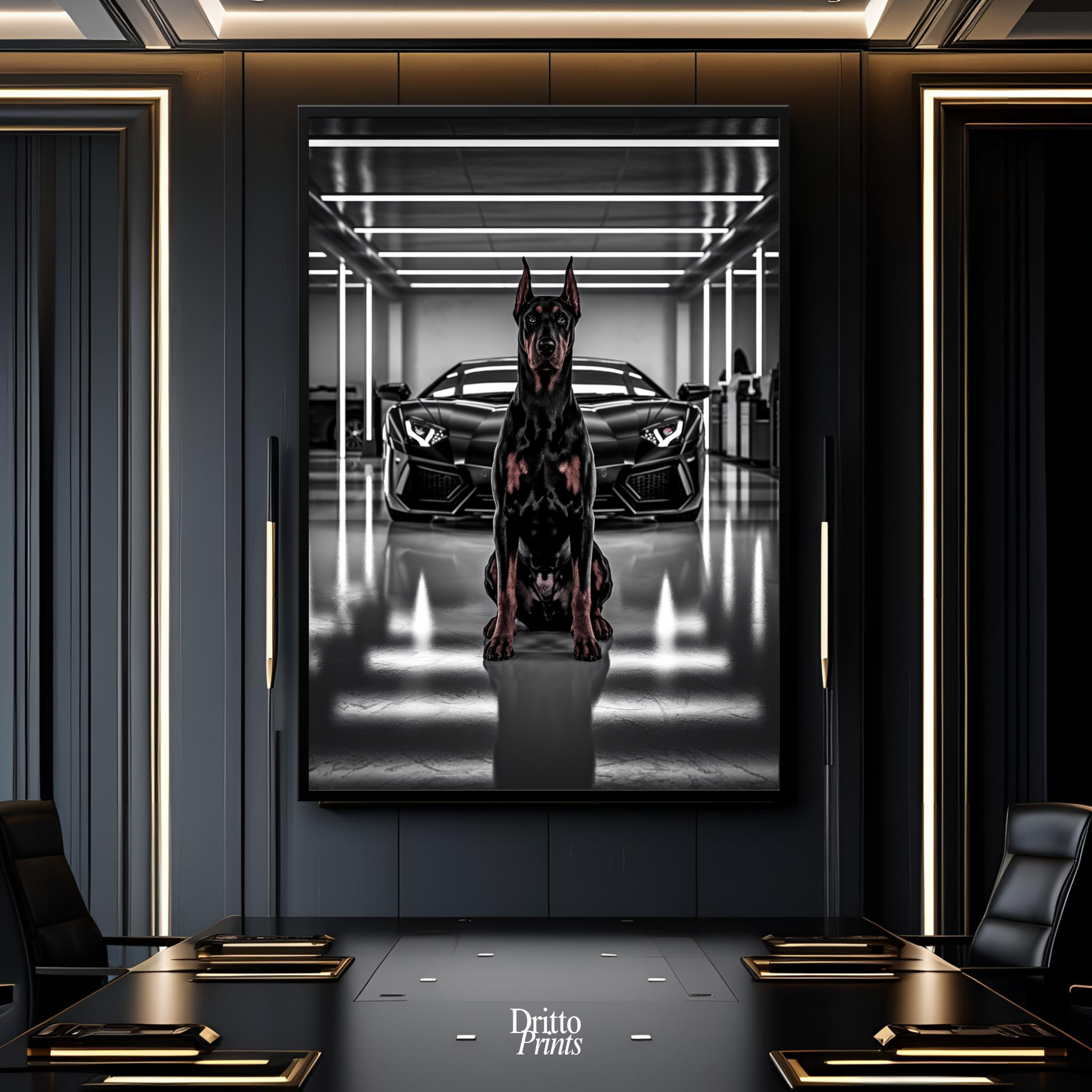 (FD6) The Garage King – Doberman and Aventador - Framed matte paper poster