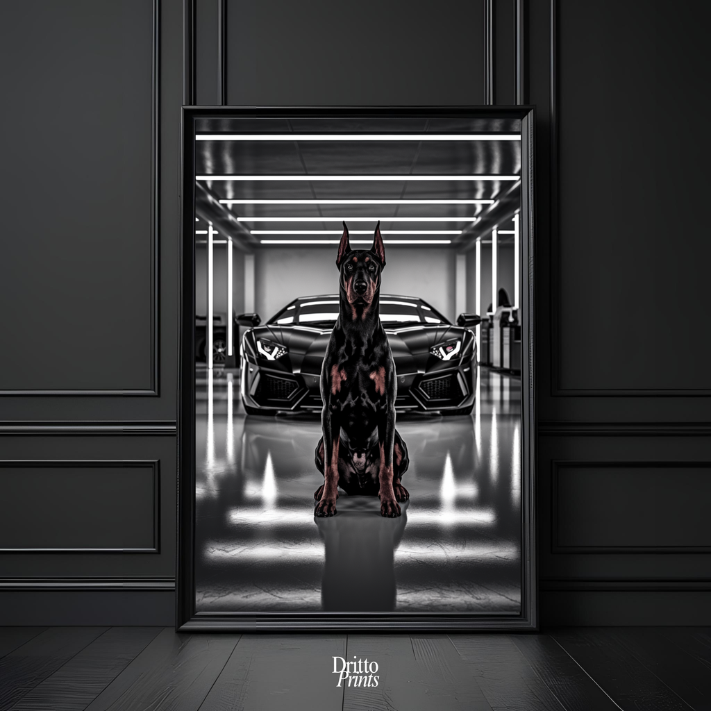 (FD6) The Garage King – Doberman and Aventador - Framed matte paper poster