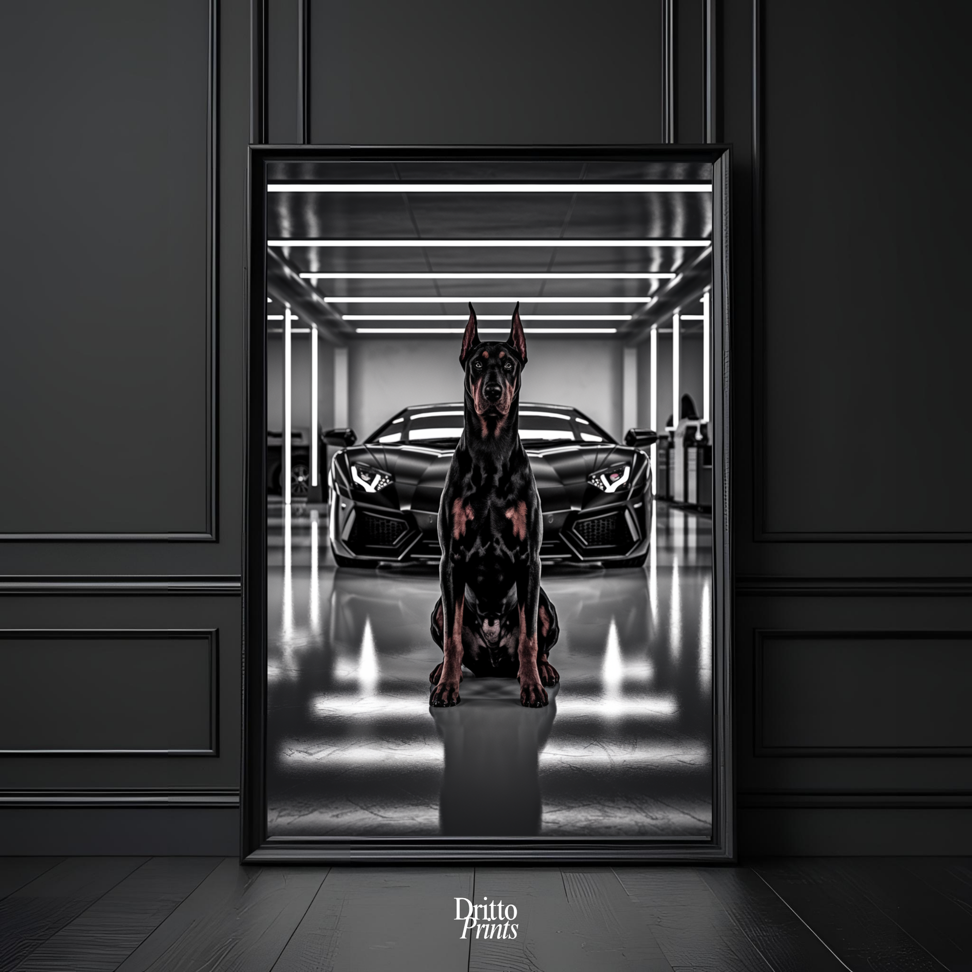 (FD6) The Garage King – Doberman and Aventador - Framed matte paper poster