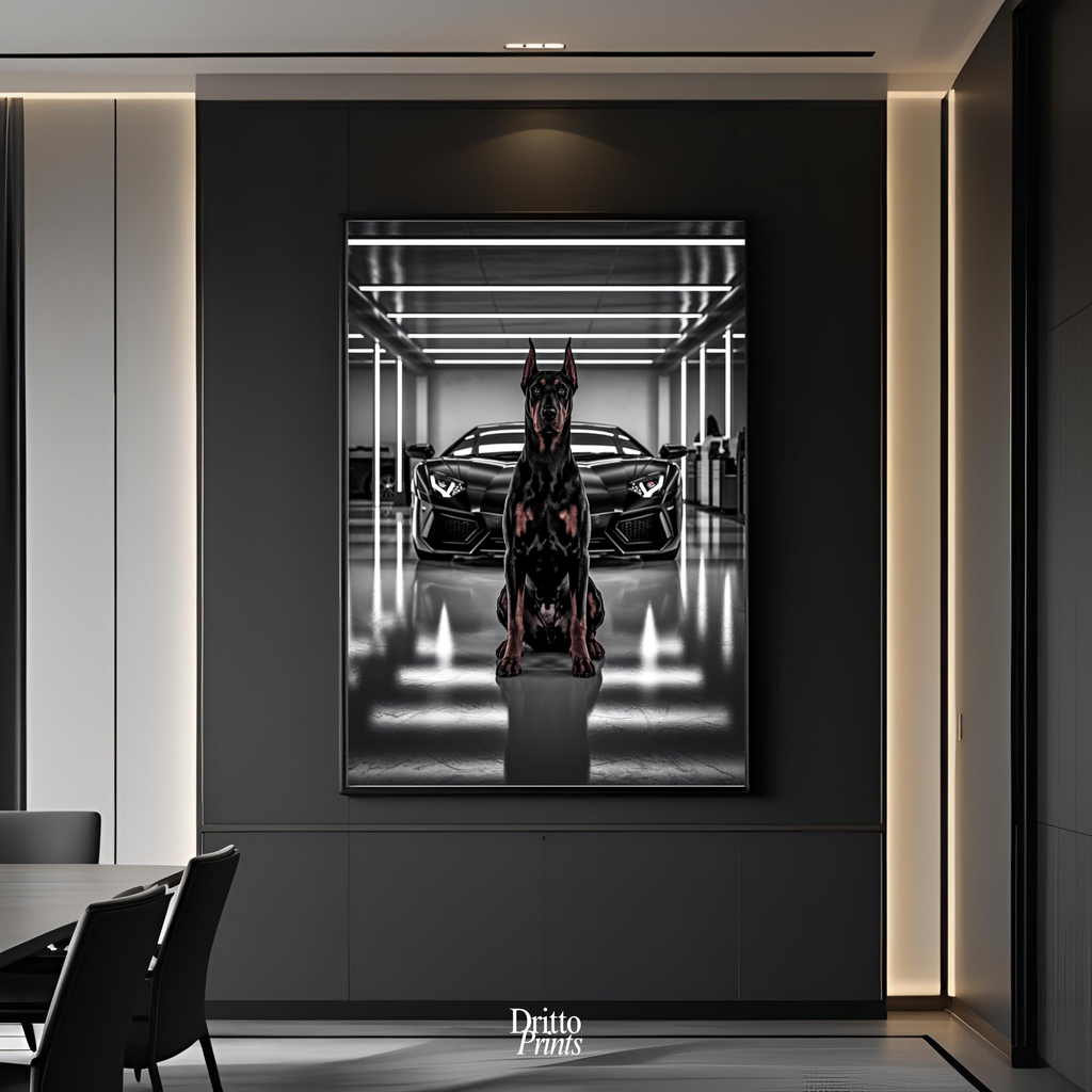 (FD6) The Garage King – Doberman and Aventador - Framed matte paper poster