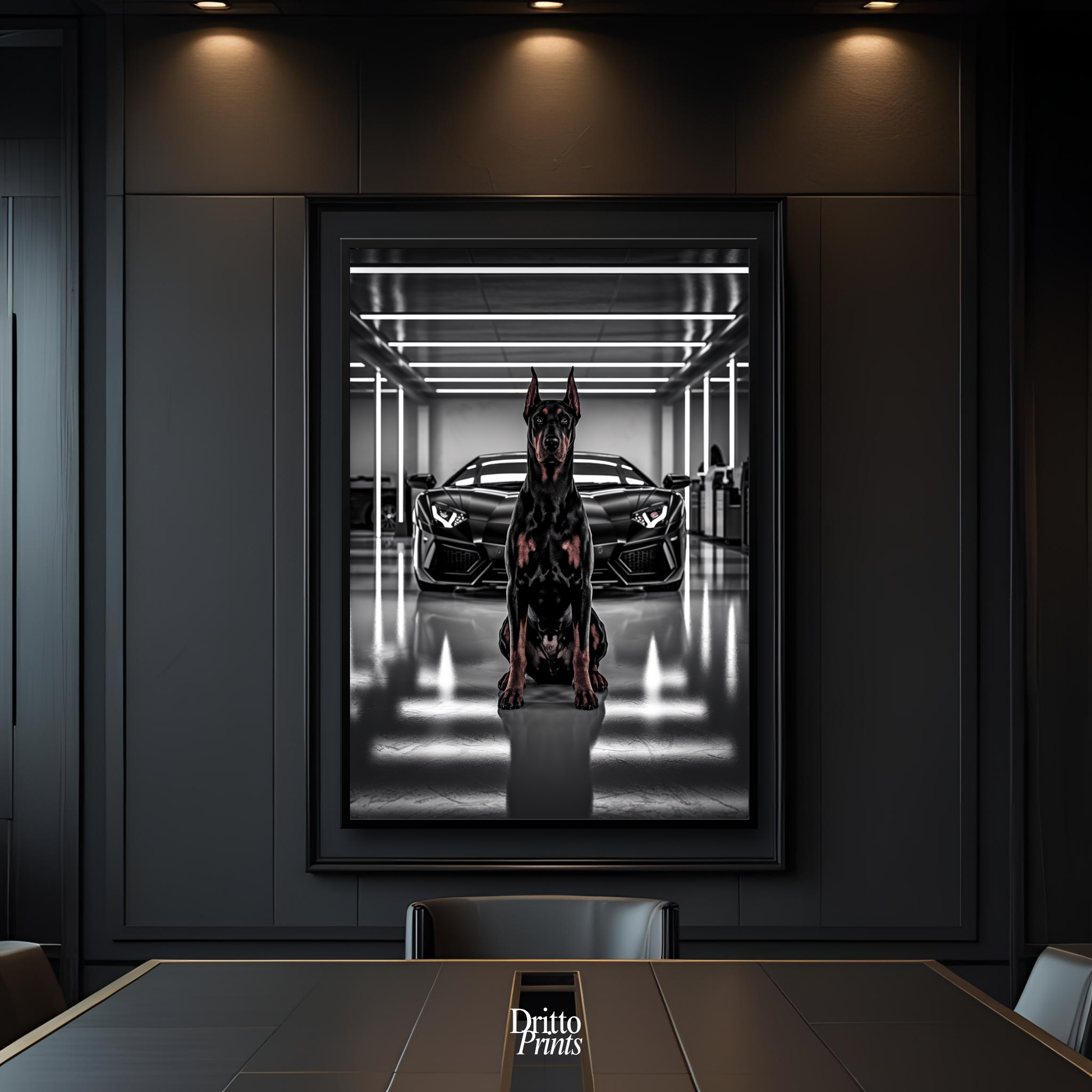 (FD6) The Garage King – Doberman and Aventador - Framed matte paper poster