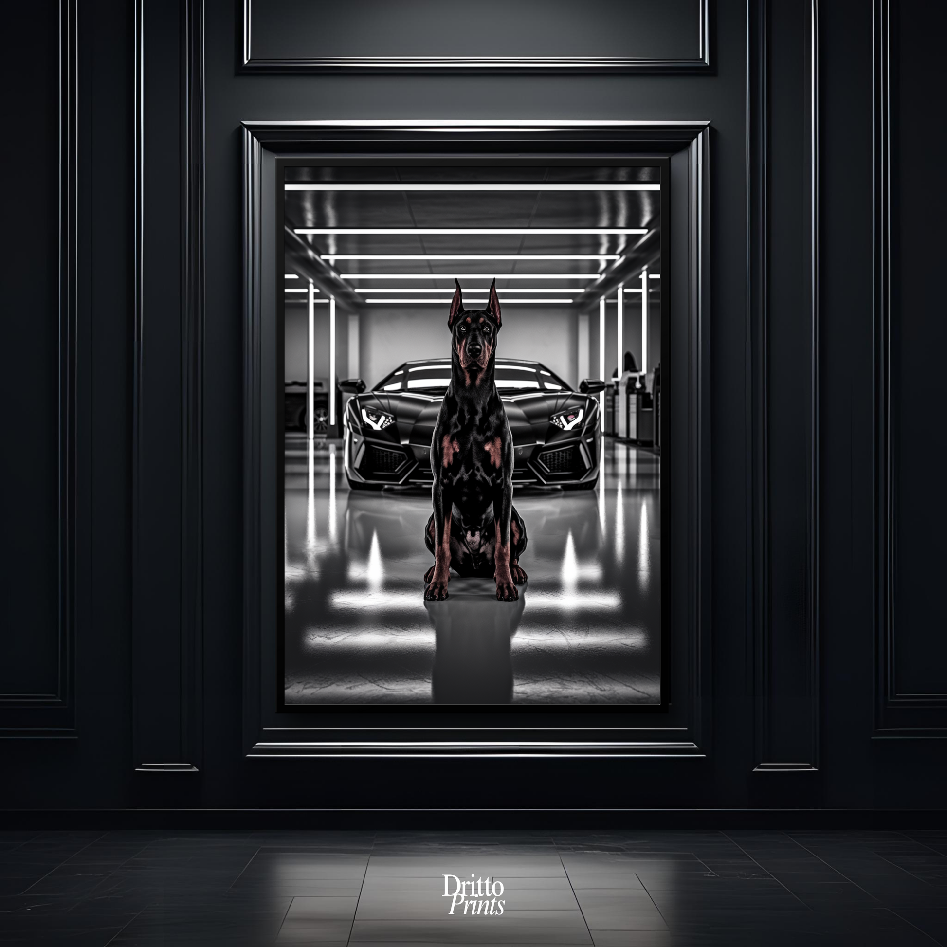 (FD6) The Garage King – Doberman and Aventador - Framed matte paper poster