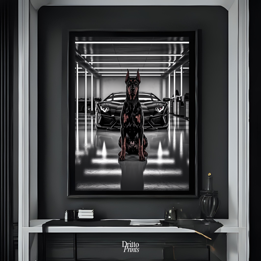 (FD6) The Garage King – Doberman and Aventador - Framed matte paper poster