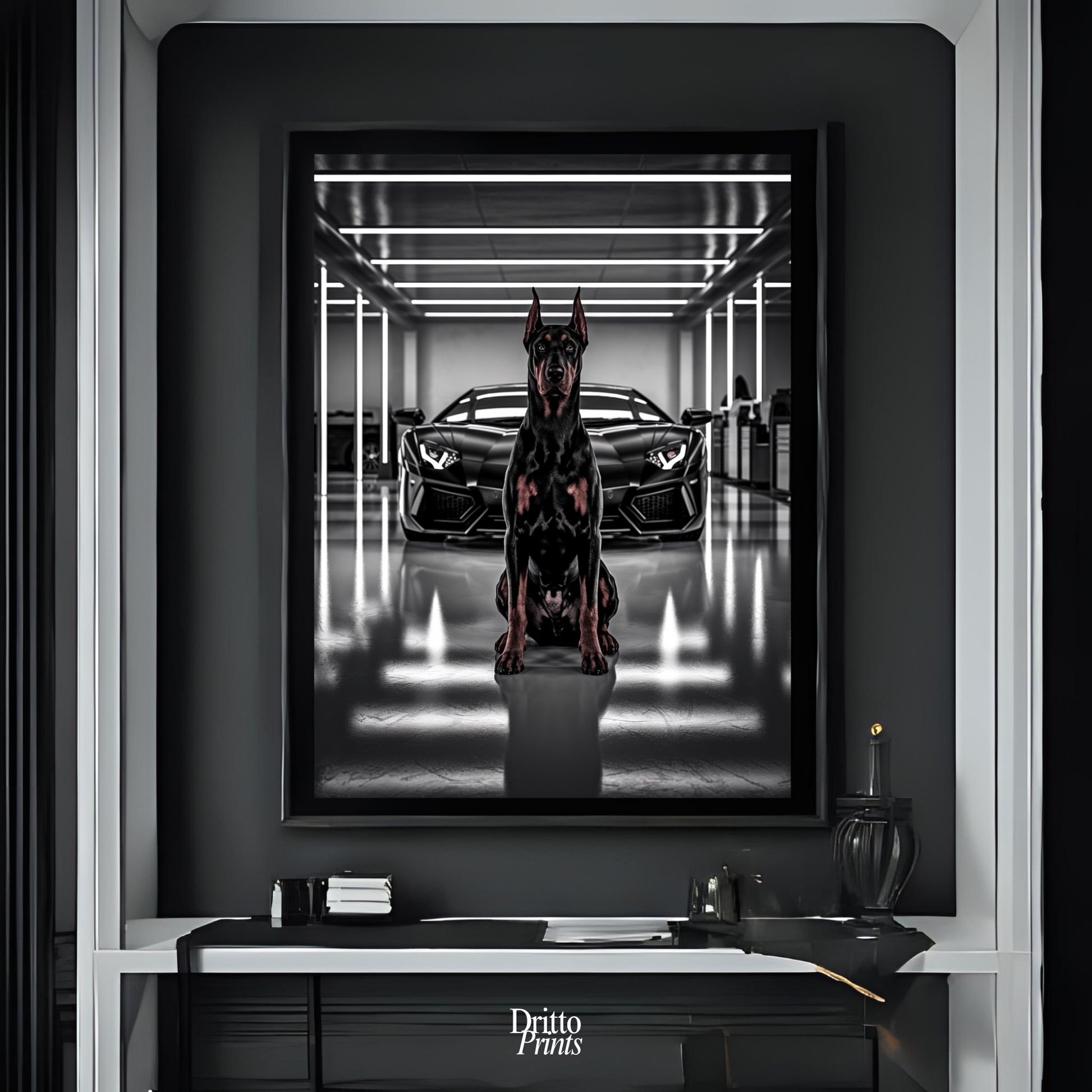 (FD6) The Garage King – Doberman and Aventador - Framed matte paper poster