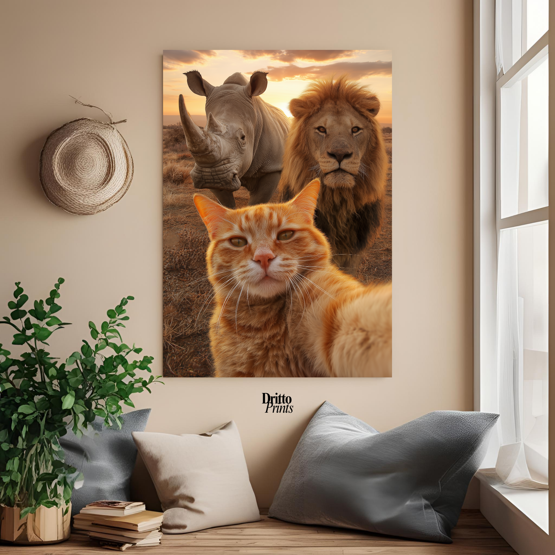 (PD26) Savannah Selfie: Tabby Cat, Lion & Rhino at Sunset Poster
