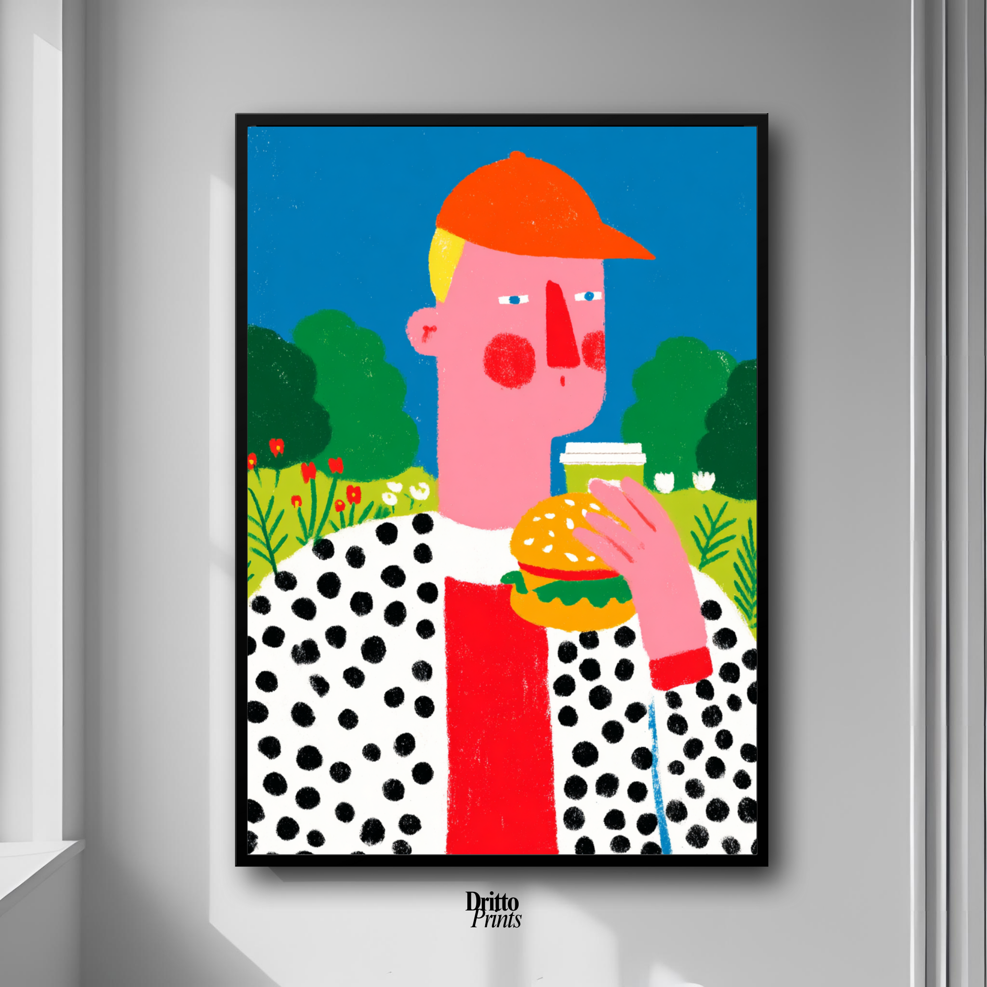 (FD45) Man Eating Burger in the Field –Framed matte paper poster