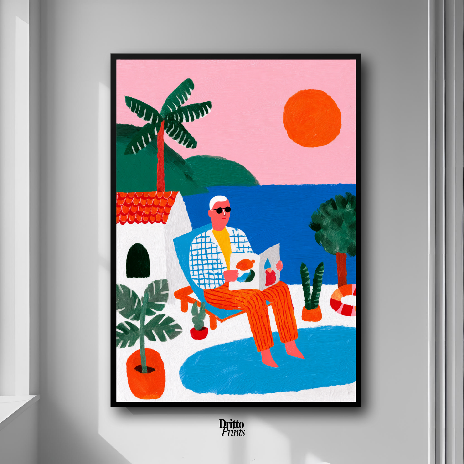 (FD37) Morning Glow by the Pool – 1980s Villa Scene Framed matte paper poster