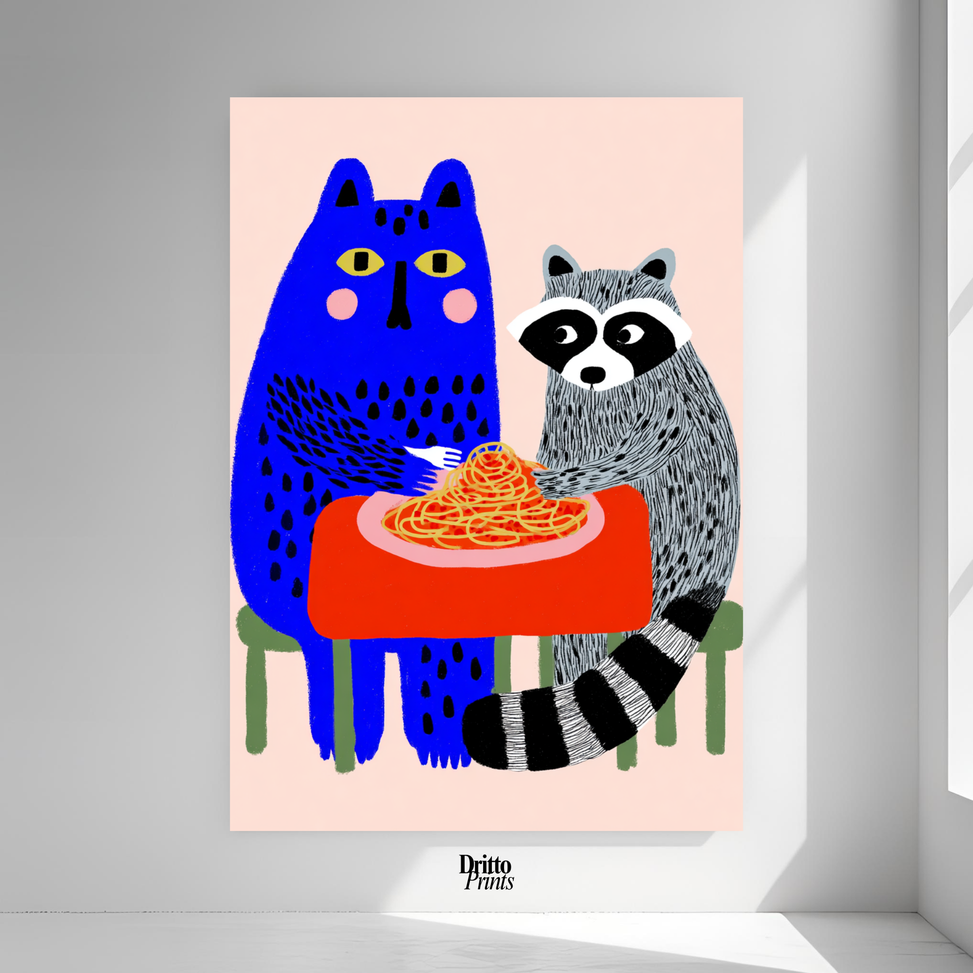 (PD44) Cat & Raccoon Dining Spaghetti - Poster