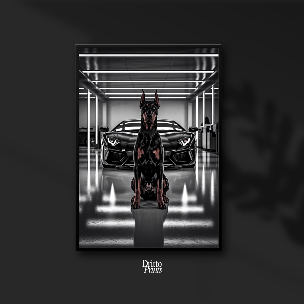 (FD6) The Garage King – Doberman and Aventador - Framed matte paper poster