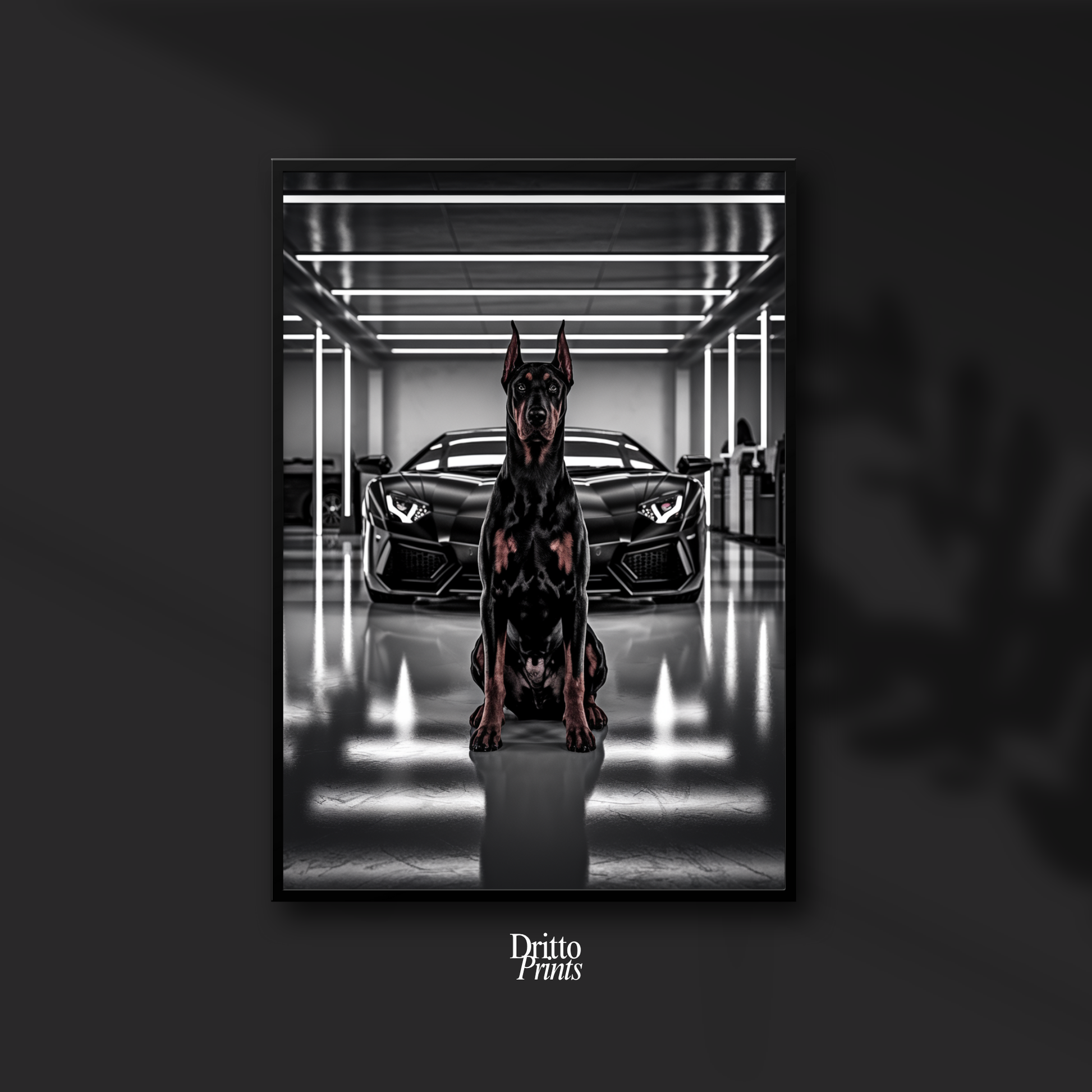 (FD6) The Garage King – Doberman and Aventador - Framed matte paper poster